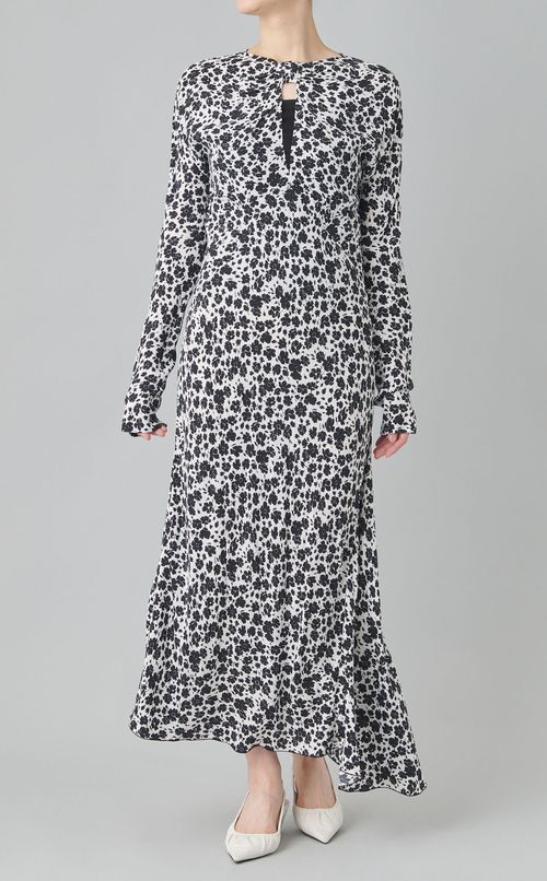 フラワープリン卜ギャザーネックワンピース