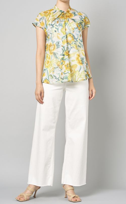 フラワープリントタックボウタイブラウス