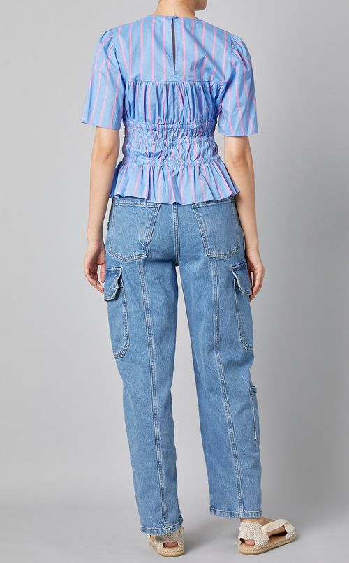 ストライプウエストギャザーブラウス