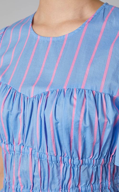 ストライプウエストギャザーブラウス