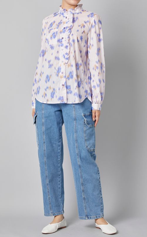 フラワーレオパードフリルネックブラウス