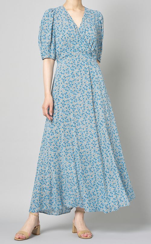 Vネックプリントハーフスリーブドレス