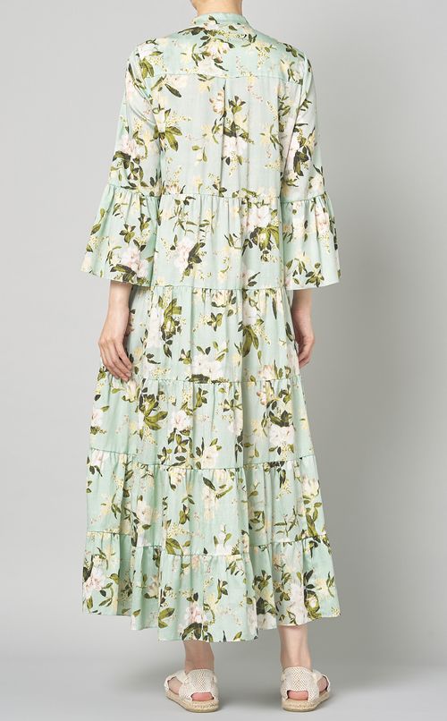 プリントティアードラッフルスリーブドレス