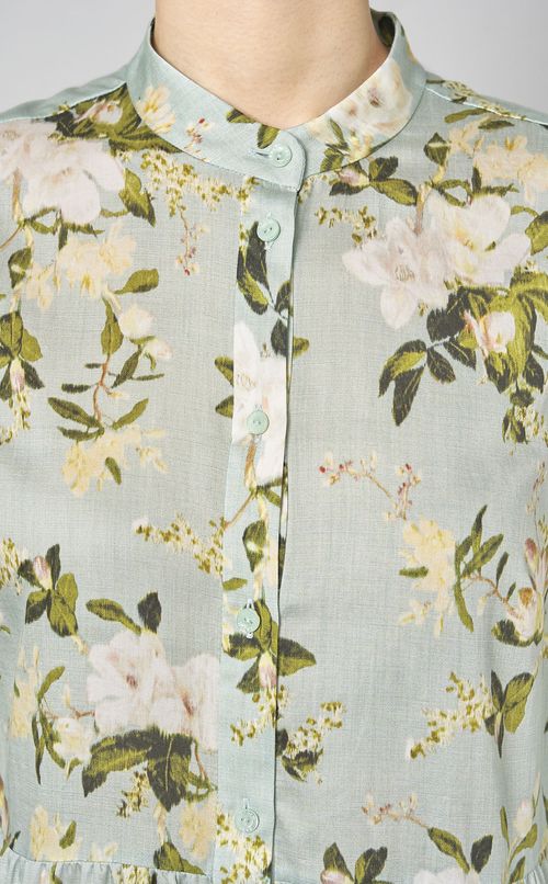 プリントティアードラッフルスリーブドレス