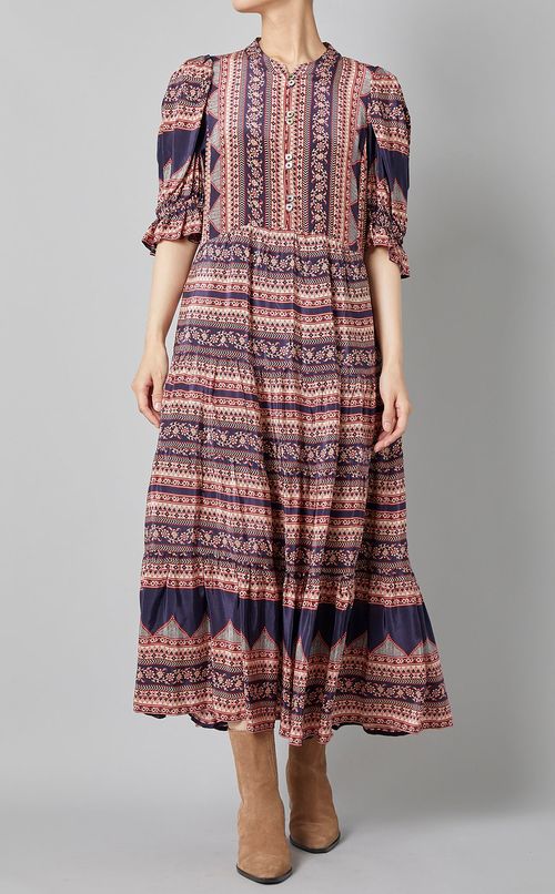 プリントパフスリーブロングワンピース