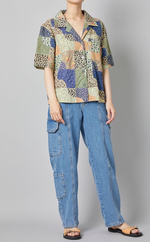 パッチワークプリントオープンカラーシャツ