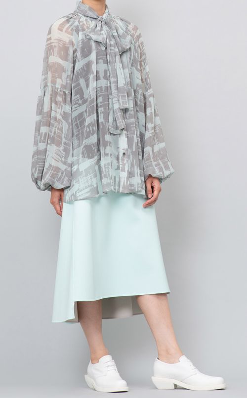 プリントギャザーボウタイブラウス