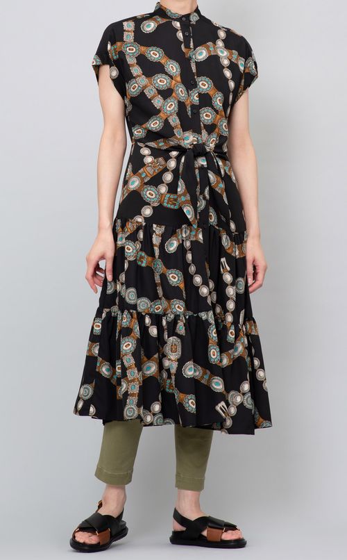 スタンドカラープリントワンピース