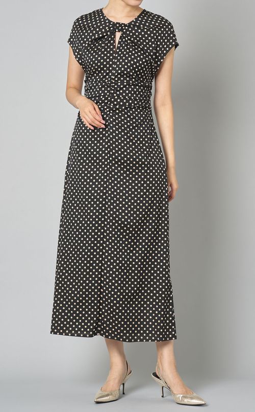 ドットプリントフロントギャザーワンピース