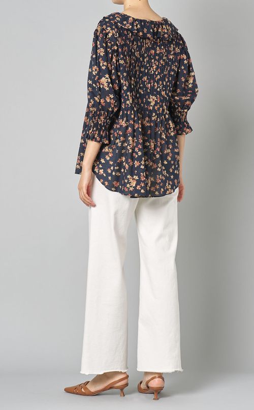 フラワープリントプリーツフレアブラウス