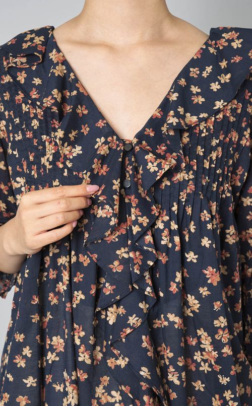 フラワープリントプリーツフレアブラウス