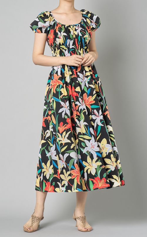 ブラックマルチカラーギャザーワンピース