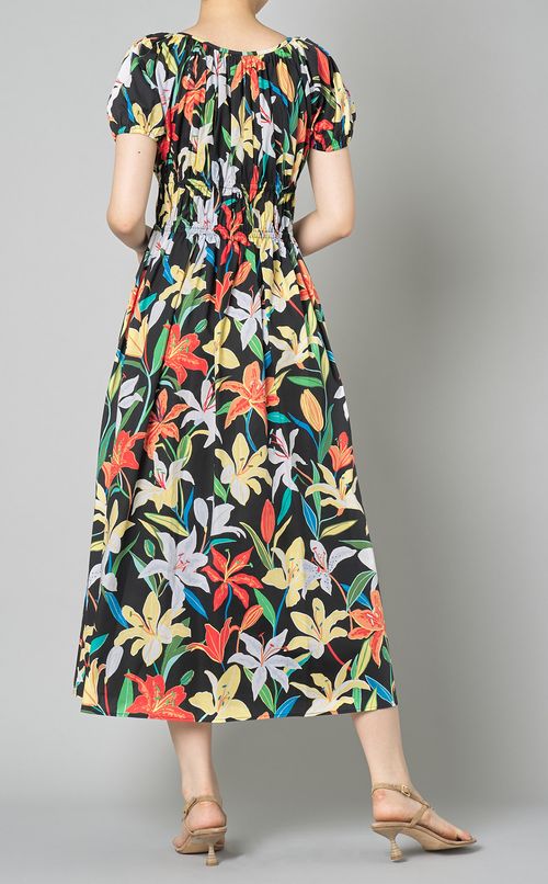 ブラックマルチカラーギャザーワンピース