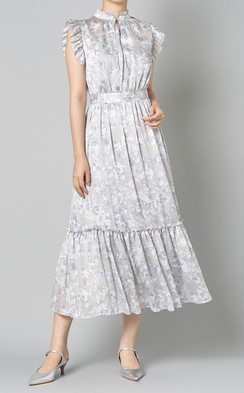 プリントサテンフレアワンピース