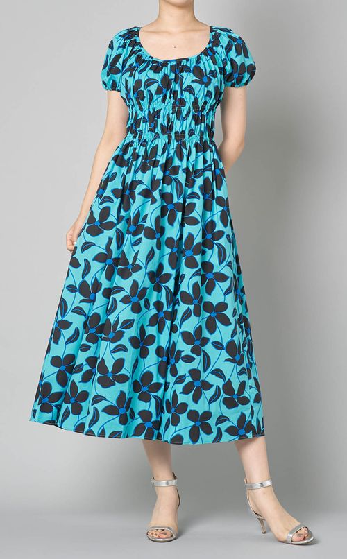 ブルーフラワープリントギャザーワンピース