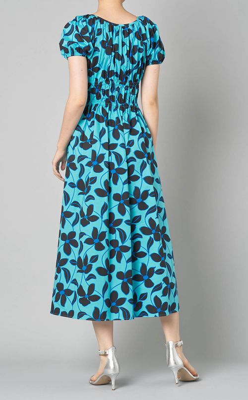 ブルーフラワープリントギャザーワンピース