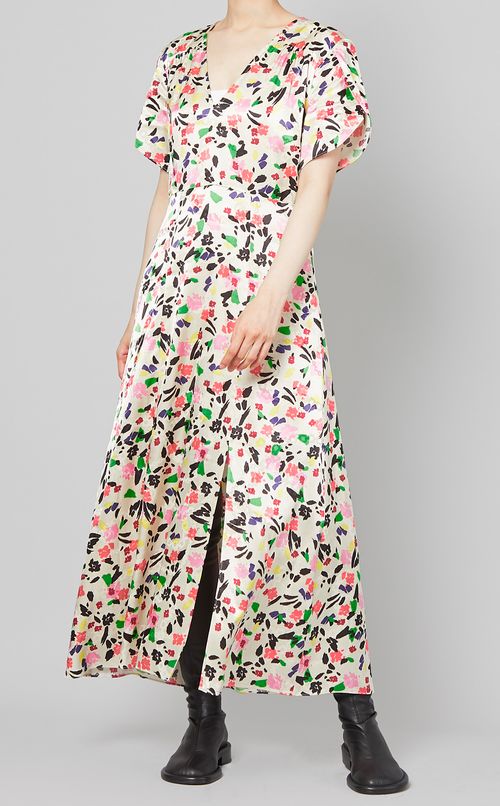 マルチカラープリントVネックドレス