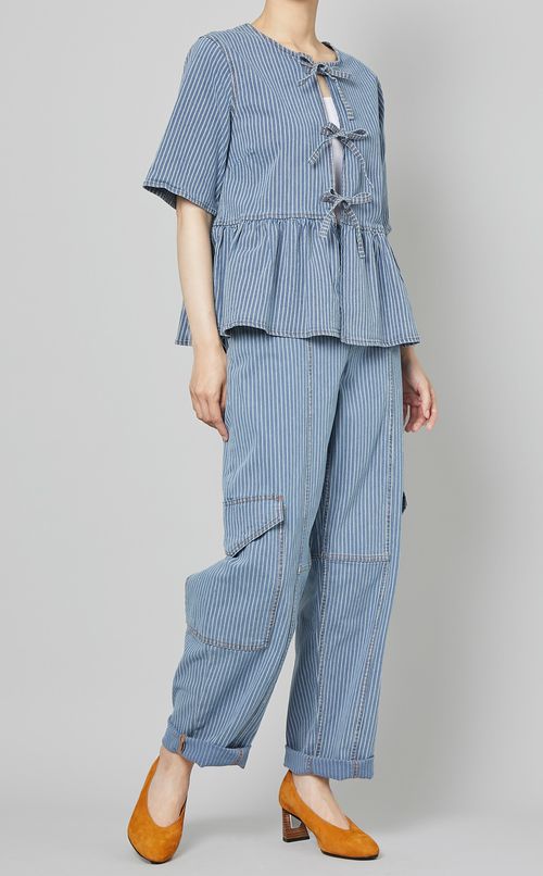 ライトストライプデニムペプラムブラウス