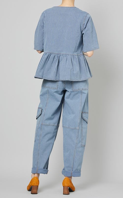 ライトストライプデニムペプラムブラウス