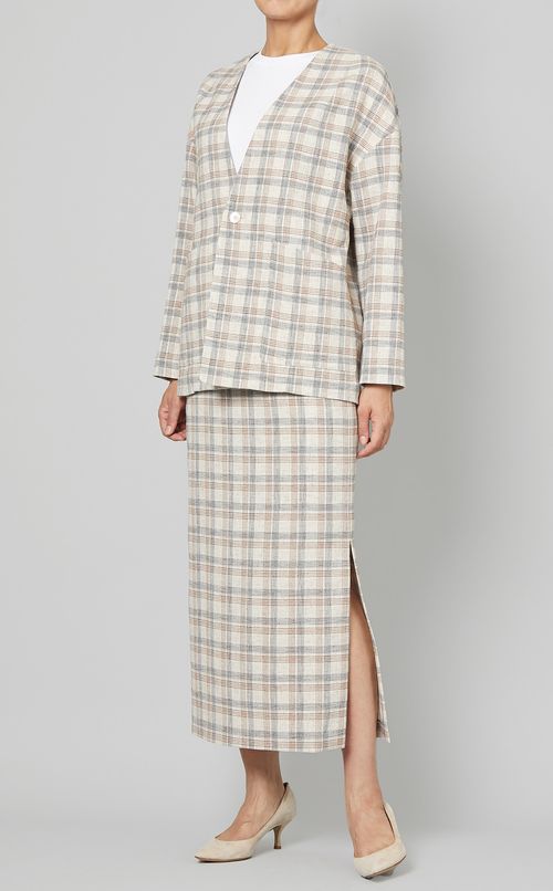 チェック柄ノーカラージャケット