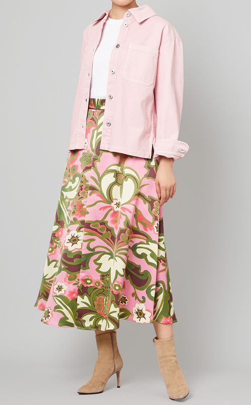 サテンプリントフレアスカート