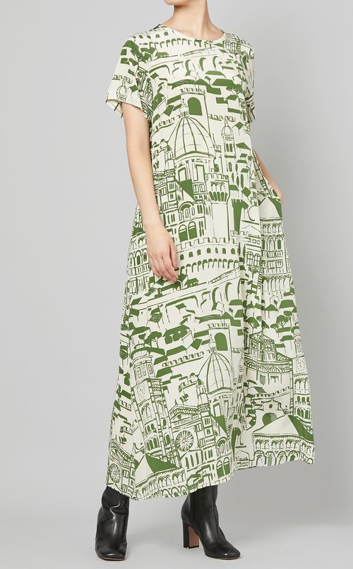 プリントショ一卜スリーブロングワンピース