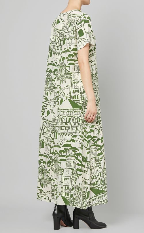 プリントショ一卜スリーブロングワンピース