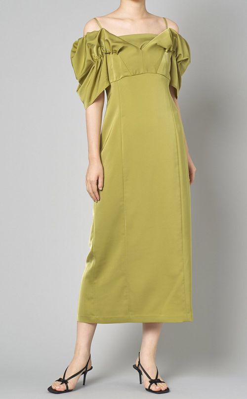 ドレープオフショルダーサテンドレス