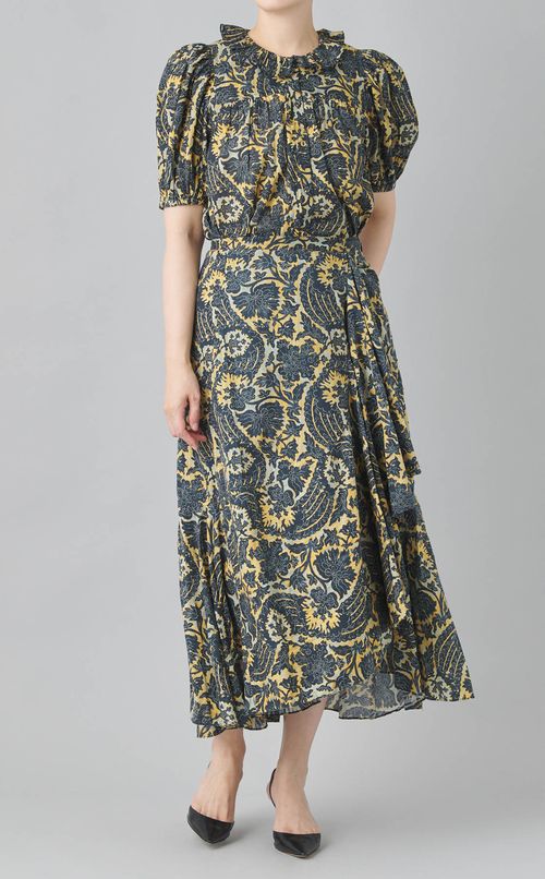 コットンプリントパフスリーブブラウス