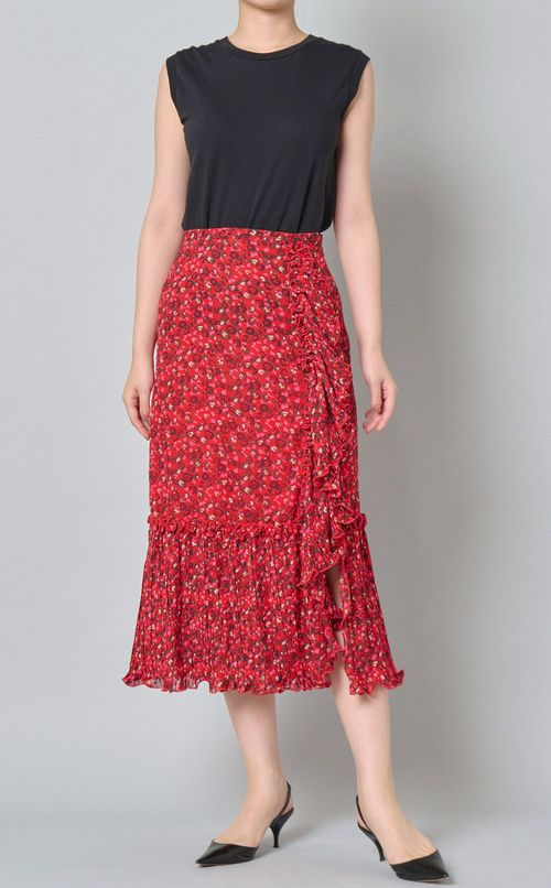 フラワープリントサイドフリルスカー卜