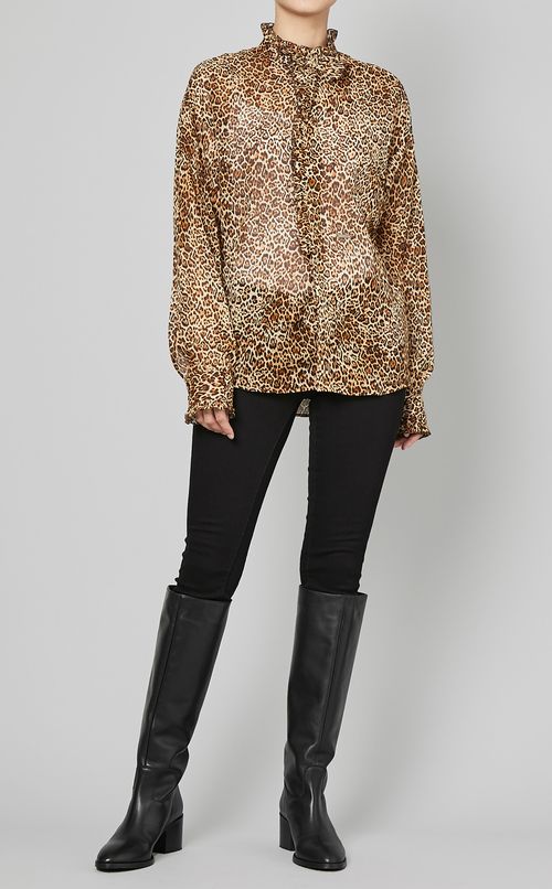レオパードプリントリボンタイブラウス