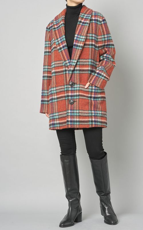 ウールチェックショールカラーコー卜