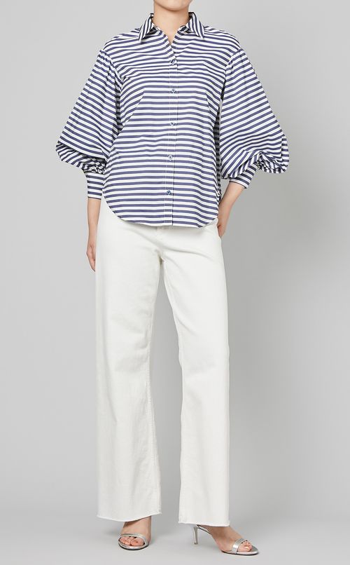 ストライプボリュームスリーブブラウス