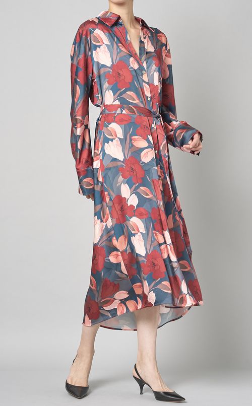 フラワープリントシャツミディ丈ワンピース