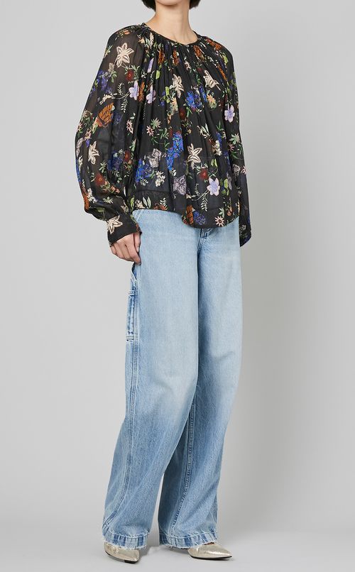 マルチプリントギャザースリーブブラウス