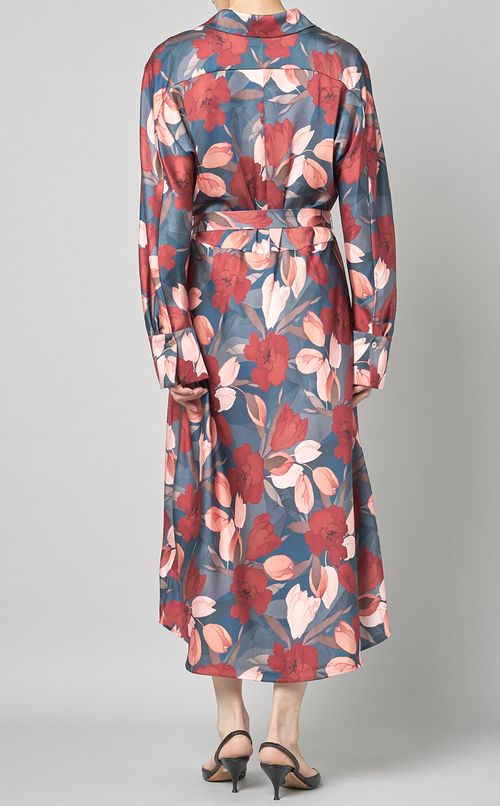 フラワープリントシャツミディ丈ワンピース