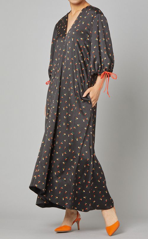 Vネックフローラルロングワンピース