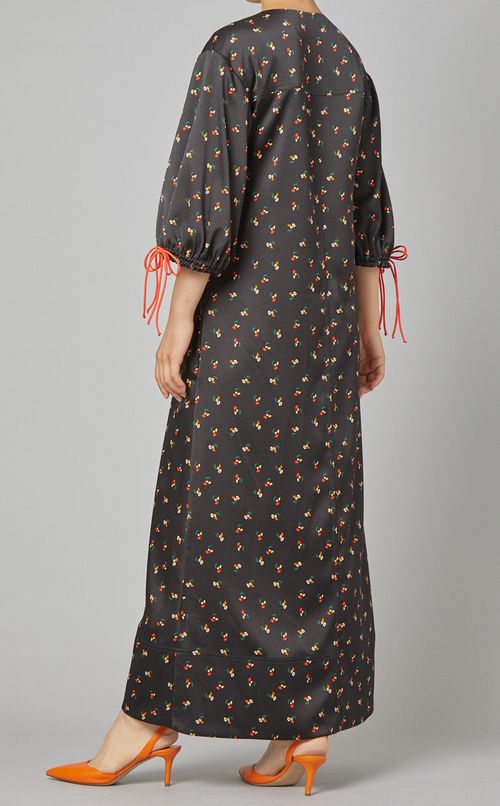 Vネックフローラルロングワンピース