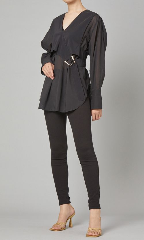 Vネックシースルーベルテッドブラウス