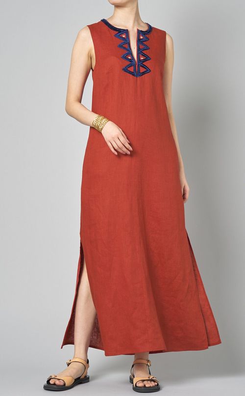 リネンノースリーブエンブロイダリードレス