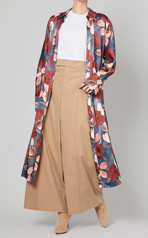 フラワープリントシャツミディ丈ワンピース