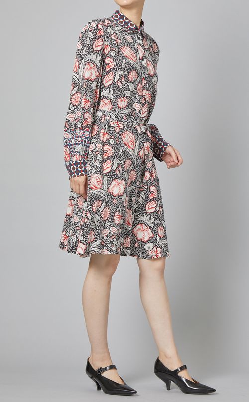 フラワープリントシャツカラーワンピース