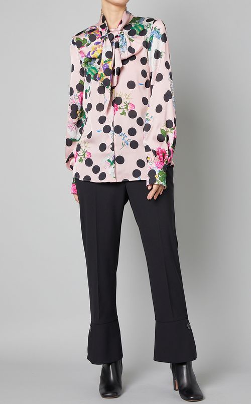 フラワードットプリントボウタイブラウス