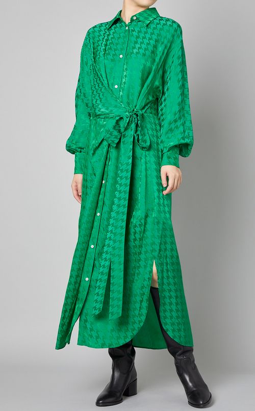 ヘリンボーンプリントタイフロントドレス