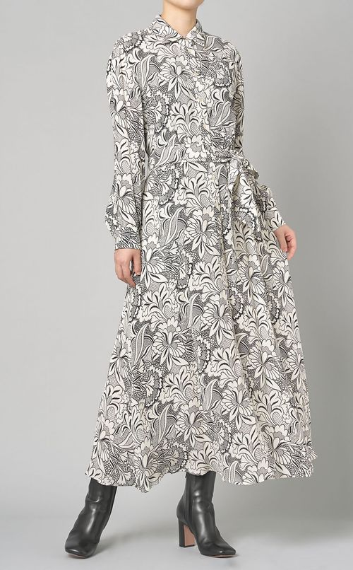 モノトーンフラワープリントシャツドレス