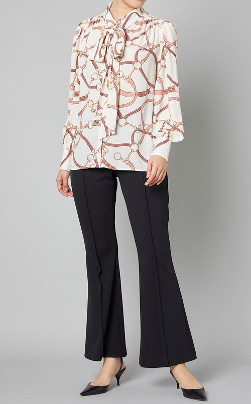 チェーンベルトプリントボウタイブラウス