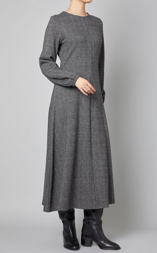 グレンチェッククルーネックフレアドレス