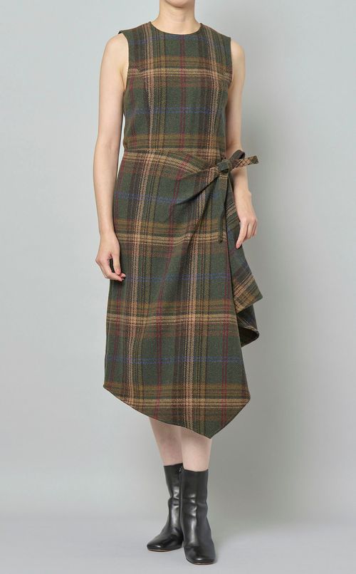 ウールチェックドレープワンピース