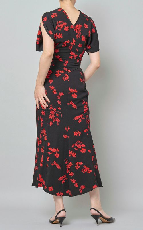 プリントギャザーウエストミディワンピース