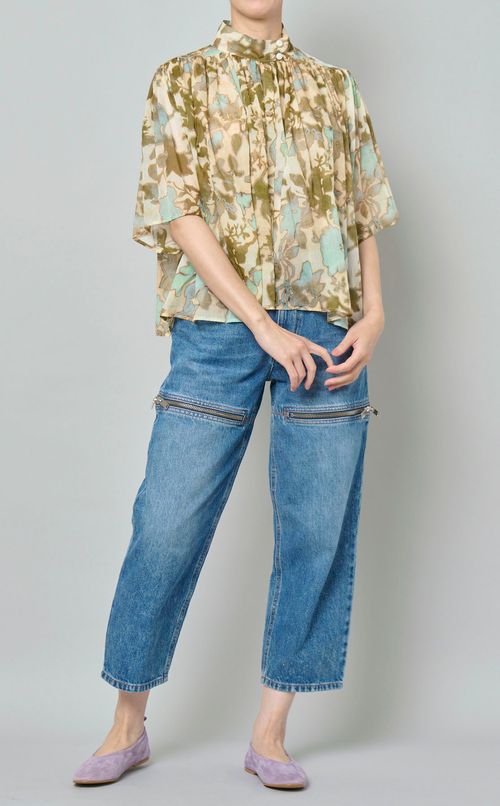 コットンプリントギャザーブラウス